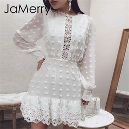 JaMerry Vintage sexy white lace short dress women Long puff sleeve dresses dots female Luxury slim party mini dress vestidos LJ200820