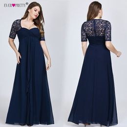 Plus Size Evening Dresses 2020 Ever Pretty New year Short Sleeve Lace Back Navy Blue Sexy Chiffon Long Wedding Guest Dresses LJ201124