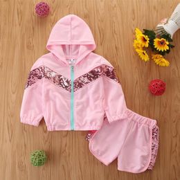 INS Girls Clothes Set Pink Colors Girl Hooded Tops Shorts 2pcs Sets Sequins Children Outfits Kids Boutique Clothing DW6358