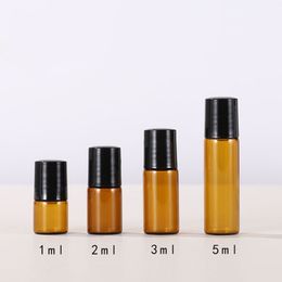 Hot Selling Amber 1ml 2ml 3ml 5ml Mini Glass Roll On Bottle For Essential Oil Roller Glass Bottles with SS Metal Ball Black Lids