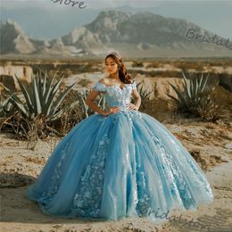 Luxury Blue Bling Quinceanera Dresses 2021 Off The Shoulder Ball Gown Florals Corset Lace Up Cinderella Ball Gown Prom Dresses Sweet 16 Gown