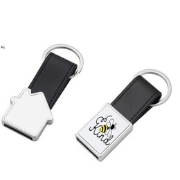 Personalized Metal Keychain Favor Sublimation House-shape Keyring with PU Leather Ring Unique Rectangle Souvenir Key Pendant RRF12984