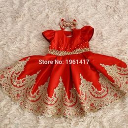 cap sleeves lace dress NZ - Girl's Dresses Girls Lace Dress Red With Gold Beading For Party Cap Sleeve Ball Gown Clothes Pography Props1