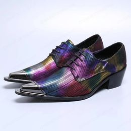 Colourful High Heels Man Formal Dress Party Shoes Genuine Leather Striped Oxfords Metal Toe Derby Men's Wedding Flats