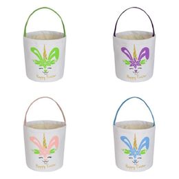 Easter Rabbit Print Bucket Canvas Cotton Bunny Easter Basket Kids Easter Hunt Egg Candy Storage Bucket HHA3355