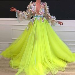 New Long Sleeve Deep V-Neck Prom Dresses 2021 robe de soiree 3D Flowers Elegant Evening Gown for Women