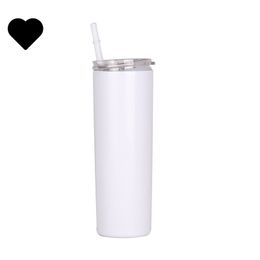 20oz Blank Sublimation Tumbler Stainless Steel Cup Plastic Straw Lid Mugs Insulated Straight White Drink Double Walled G2