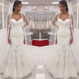 Setwell Sweetheart Mermaid Wedding Dresses Sleeveless Fully Lace Appliques Floor Length Long Train Plus Size Bridal Gowns
