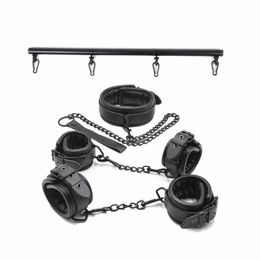 Bondage Artificial Leather Bed Binding Set Handcuffs Ankle Cuff Collar Leg Sling Bar Kit #46