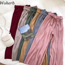 Woherb Korean Autumn Wide Leg Pants Women Casual High Waist with Bow Belt New Pleated Pant Trousers Femme 21057 201109