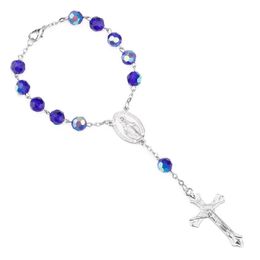 Blue Crystal Glass Women Rosary Cross Bracelet Catholic Jewellery
