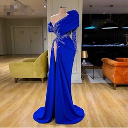 elegant Royal Blue Mermaid Evening Dresses One Shoulder Lace Beaded High Side Split Sexy formal Prom Gowns Appliques Party Dress