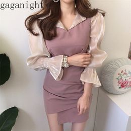 Gaganight Elegant Sexy Women Solid Suit Long Sleeve Blouse Mini Short Bodycon Dress Office Lady Spring Summer Outfit Ruched Chic LJ201117