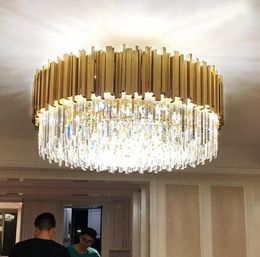 Modern LED crystal chandelier luxury gold stainless steel lustres cristal lampshade for living room hanging ceiling fixtures