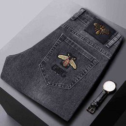 and Spring Summer Jeans Young Mens Embroidered Slim Fit Small Foot Elastic Casual Trend Pants