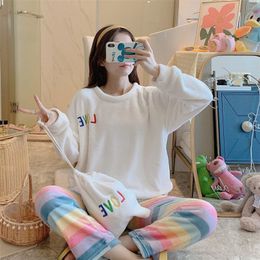 QWEEK Winter Women Pyjamas Warm Sets Ladies Pyjamas Sleepwear Round Neck Pijamas Mujer Home Clothes Dropshipping 201217