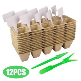 12Pcs Seedling Trays Kit Seed Starter Tray Biodegradable Peat Pots Plant Growing Bag Plant Labels Nursery Pot For Garden Outdoor 220211