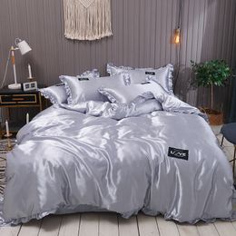 Pure Satin Silk Bedding Set Lace Luxury Duvet Cover Set Single Double Queen King Size 240x220 Couple Quilt Covers White Grey Red 201210