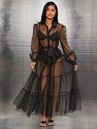 Dobby Mesh Belted Dress Without Underwear SHE