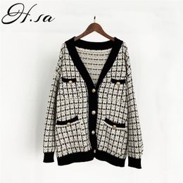 H.SA Women Sweater Jacket Oversized Knitted Cardigans Loose Plaid Jumpers Korean Clothing Robe Long Elegnat Female Coat 201128