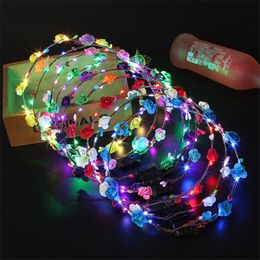 Flashing LED Glow Rose Crown Headbands Lights Party Rave Floral Hair Garland Wreath Wedding Flower Girl Headpiece Decor