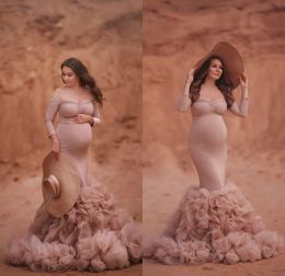 Gorgeous Tiered Ruffles Maternity Robes Women Long Sleeve Photoshoot Fluffy Tiered Dress Formal Event Overlay Sleepwear
