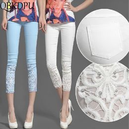 Women Plus Size Elastic Lace Leggings Summer Casual thin Short Trousers Fashion elegant Office lady Cropped Pants Black White 201111