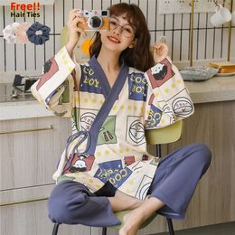 MELIFLE Autumn Japanese Kimono Pajama Set for Women 100% Cotton PJS Satin Atoff Home Sleepwear Winter Warm Yukata Silk Nightwear 201217