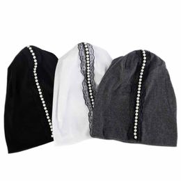 Women Pearl Ribbon slouch beanies hats spring autumn cotton hats 2021 New ladies Girls Oversize Baggy and caps