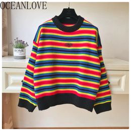 OCEANLOVE Striped Rainbow Pullovers O Neck Autumn 2020 Warm Loose Women Sweaters Winter Clothes Korean Fashion Pull Femme 12927 LJ201112