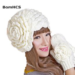 BomHCS Winter Warm Beanie & Gloves Suit Handmade Knit Crochet Hat Caps Glove with a Big Flower (price for hat or gloves) LJ201120