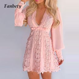 Spring Sexy V Neck Elegant Women Dress Lady Lace Butterfly Design Solid Party Dress Casual Puff Sleeve A-Line Mini Dress Vestido Y0118