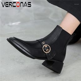 VERCONAS Women Ankle Boots Autumn Winter New Metal Buckle Shoes Woman Square Toe Genuine Leather Casual Retro Thick Heels Boots1