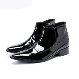Luxury Boots Men Black Patent Leather Ankle Boots Botas Hombre Formal Business Boots Leather Botas Pointed Toe, Big 46