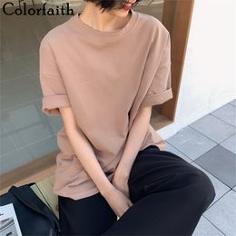 Colorfaith New 2020 Autumn Women 6 Colours T-shirt Casual Short Sleeve Loose Bottoming Solid Female Basic Thick Tops Shirt LJ200813