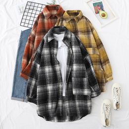 Spring Autumn Fashion Retro British Style Frosted Plaid Shirt for Women Men Lovers Loose Medium Length Thickened Shirt Coat 16238