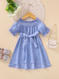 Toddler Girls Shirred Frill Trim High Low Hem Belted Dress SHE