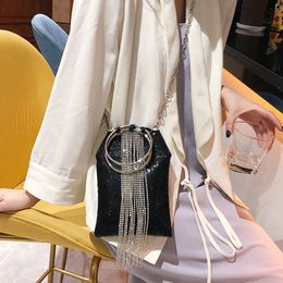 Metal ring with handbag chain flash rhinestone crossbody bag Lady's rectangular handbag personality shoulder bag