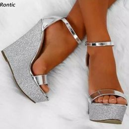 -RorTic handgefertigte Frauen Keile Sandalen Glitter Keile Absätze Offene Zehe schöne Silber Party Schuhe Damen US Größe 5-20