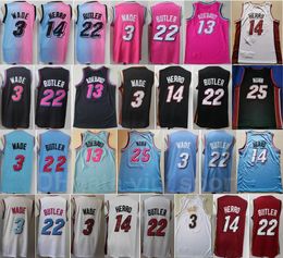 Cheap Basketball Dwyane Wade Jersey 3 Tyler Herro 14 Jimmy Butler 22 Kendrick Nunn 25 Bam Adebayo 13 Black White Red Pink Stitched