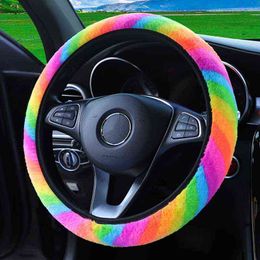 Colourful Plush Elastic Car Steering Wheel Cover Universal Winter Warmer Steering Wheel Cover No Inner Ring Cover Car Accessories J220808