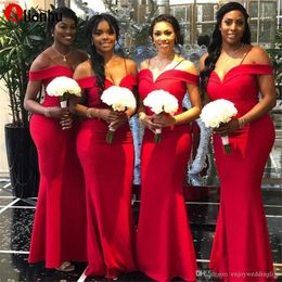 2022 African Red Mermaid Bridesmaid Dresses Newest Off The Shoulder Floor Length Long Wedding Gowns Party Dress Robe de soiree DWJ0128