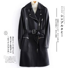 Lautaro Black long faux leather jacket women with many pockets zipper belt lapel Spring plus size leather trench coat for women 201020