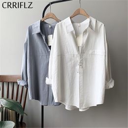 crriflz women's cotton feel shirt imitation suede spring new long sleeve retro blouses shirts turn-down solid oversize tops LJ200812