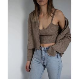 ZA 2020 spring new women's solid khaki cardigan knitted sweater Casual two pieces set fashion streetwear sexy female tops LJ200815