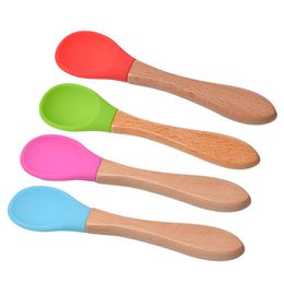 New Dinnerware Baby Feeding Spoon Bamboo Handle Silicone Spoon Baby Food Spoons Anti-Scald And Fall Resistance Training Spoons 9090