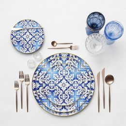 western ceramic wedding dishes Modern bone china dinner plate Gold rim tableware sets easy clean