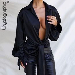 Women's Blouses & Shirts Fashion Turn-Down Collar Long Women Top And Blouse Blusas Black Elegant Puff Sleeve Plunge Tops