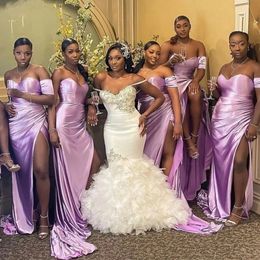 Light Purple Mermaid Bridesmaid Dresses Side Split Sweetheart Neck Sweep Train Long Wedding Party Dress For Women Maid Of Honour