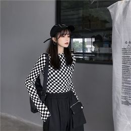 Checkered Mesh Top Long Sleeve Mock Neck Cropped Top Women's T-shirts Altgirl Outfit / 201029